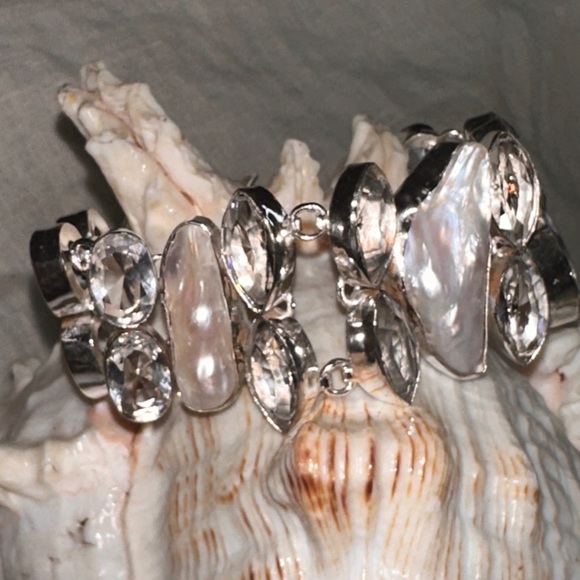 Exquisite Biwa Pearl + White Quartz statement Bracelet